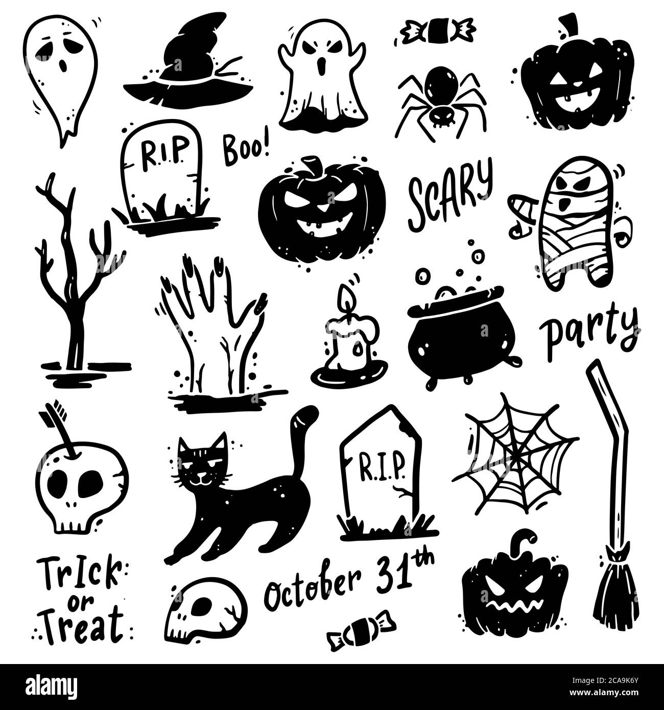 Cute cartoon skull and pumpkin Halloween doodle element. 24864836 PNG