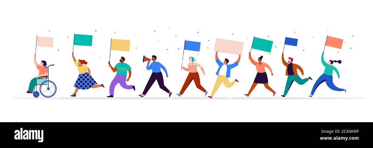 Crowd of protesters holding banners and placards. Political meeting, march, demonstration, parade. Group of men and women activists. Vector Stock Vector