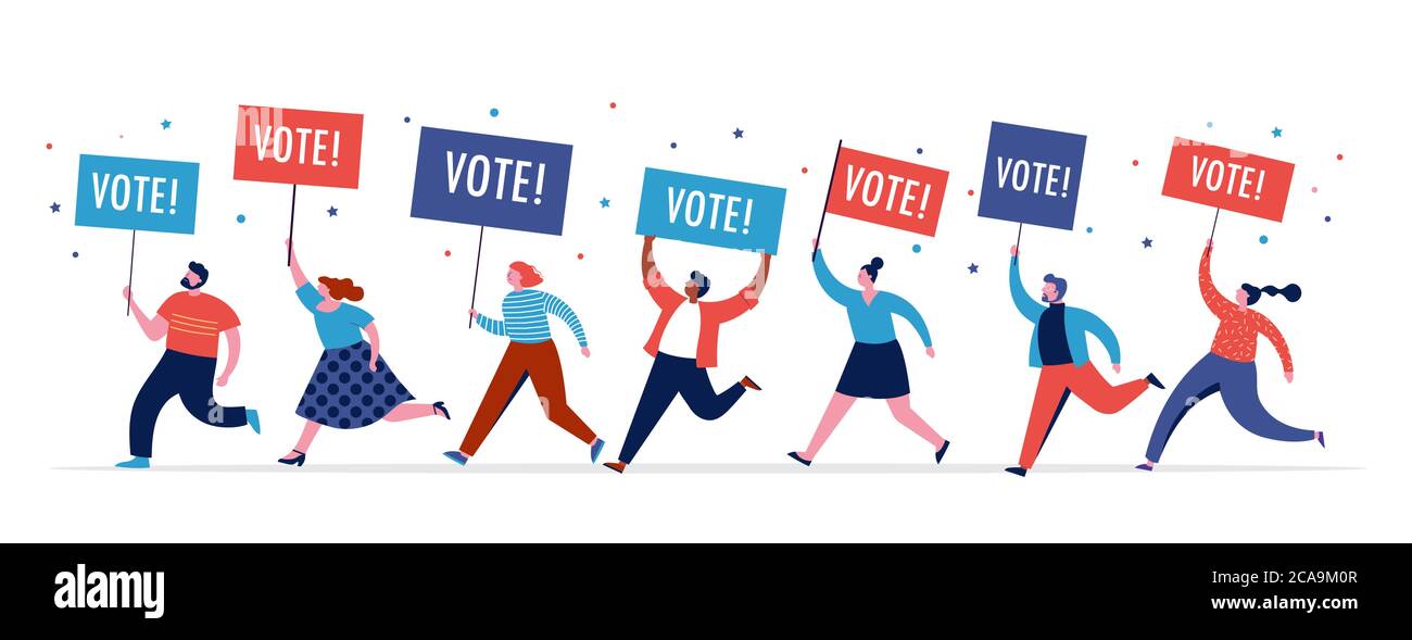 Group of people, walking with flags to elections. Crowd of women and men at a demonstration. Concept for election campaign, voting theme vector Stock Vector