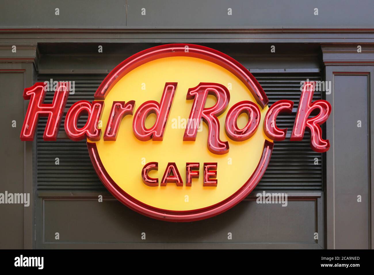 Lyon, France - September 5, 2019: Hard rock cafe logo on a wall in Lyon. Hard Rock Cafe Inc. is a chain of theme restaurants founded in 1971 Stock Photo