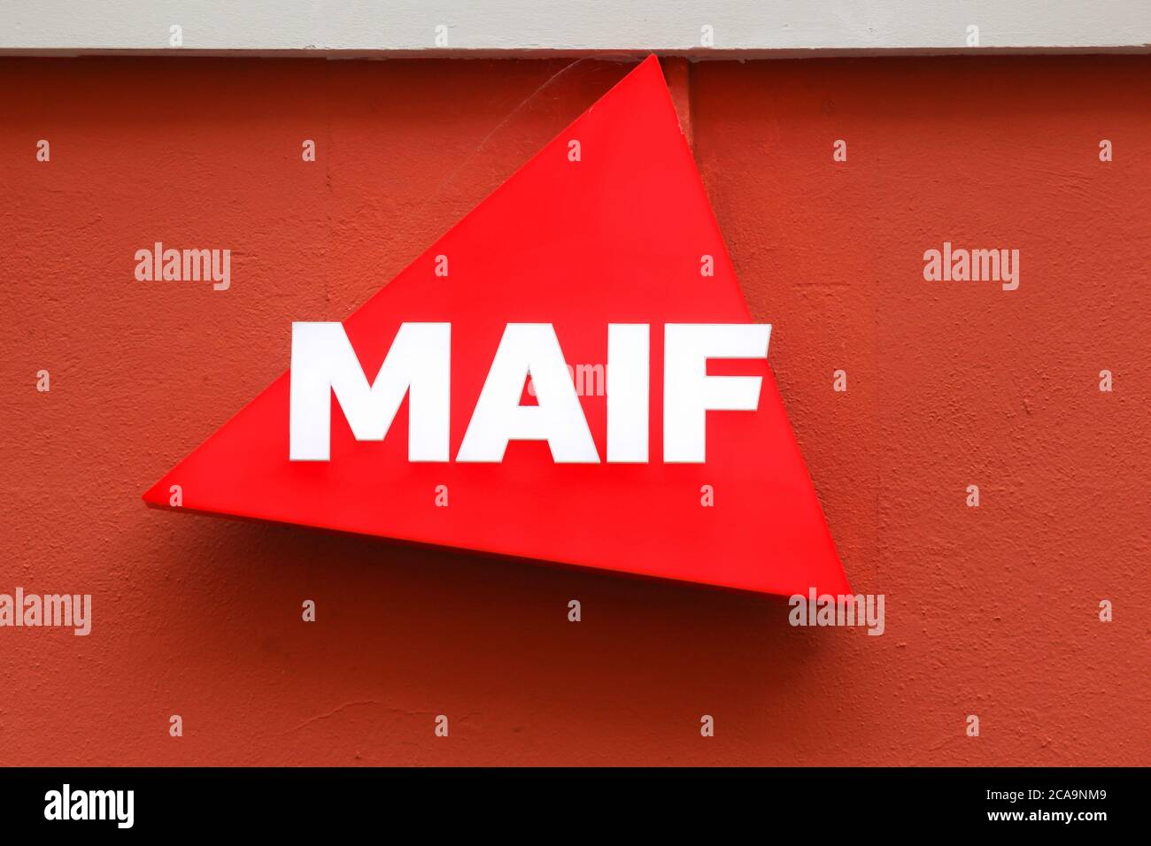 Grenoble, France - September 10, 2019: MAIF logo on a wall. MAIF is a French mutual insurance company headquartered in Niort, in Deux-Sevres Stock Photo