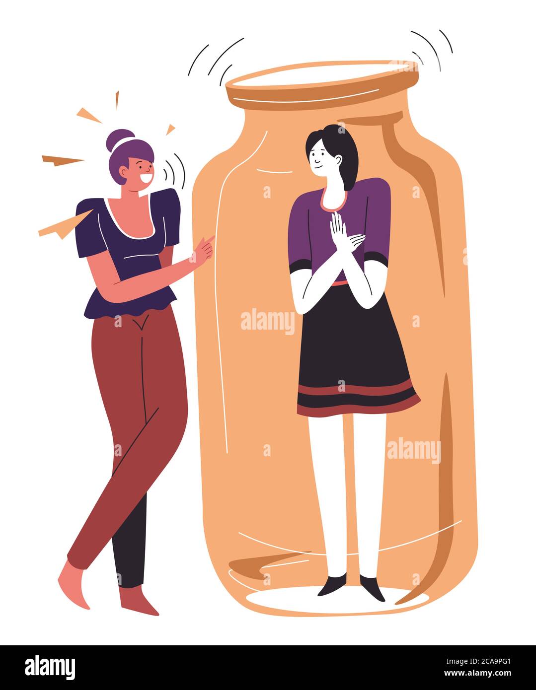 Uncomfortable chat for introverted person, woman in jar Stock Vector