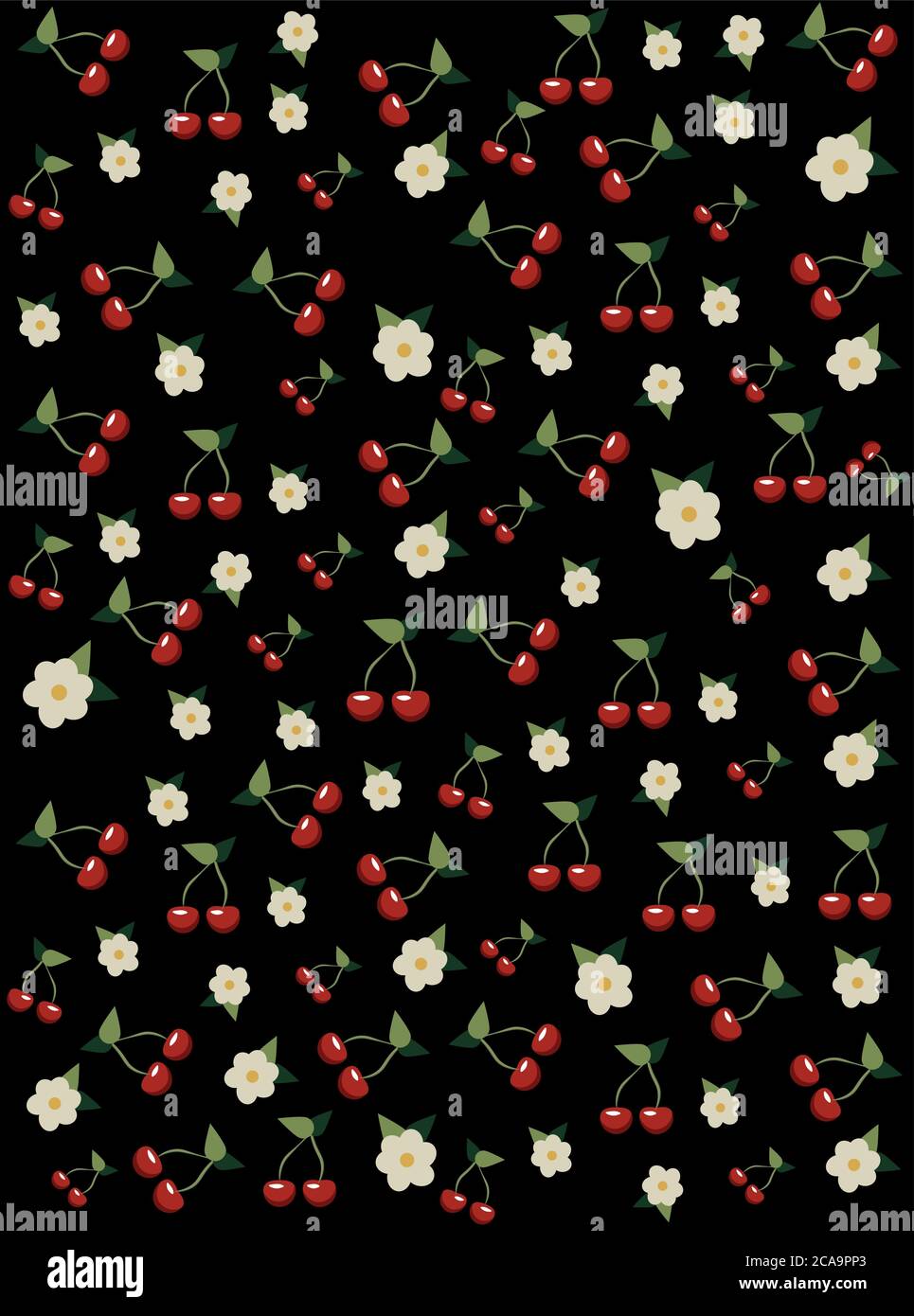 Cherries and cherry blossom pattern on black background. Sakura tree