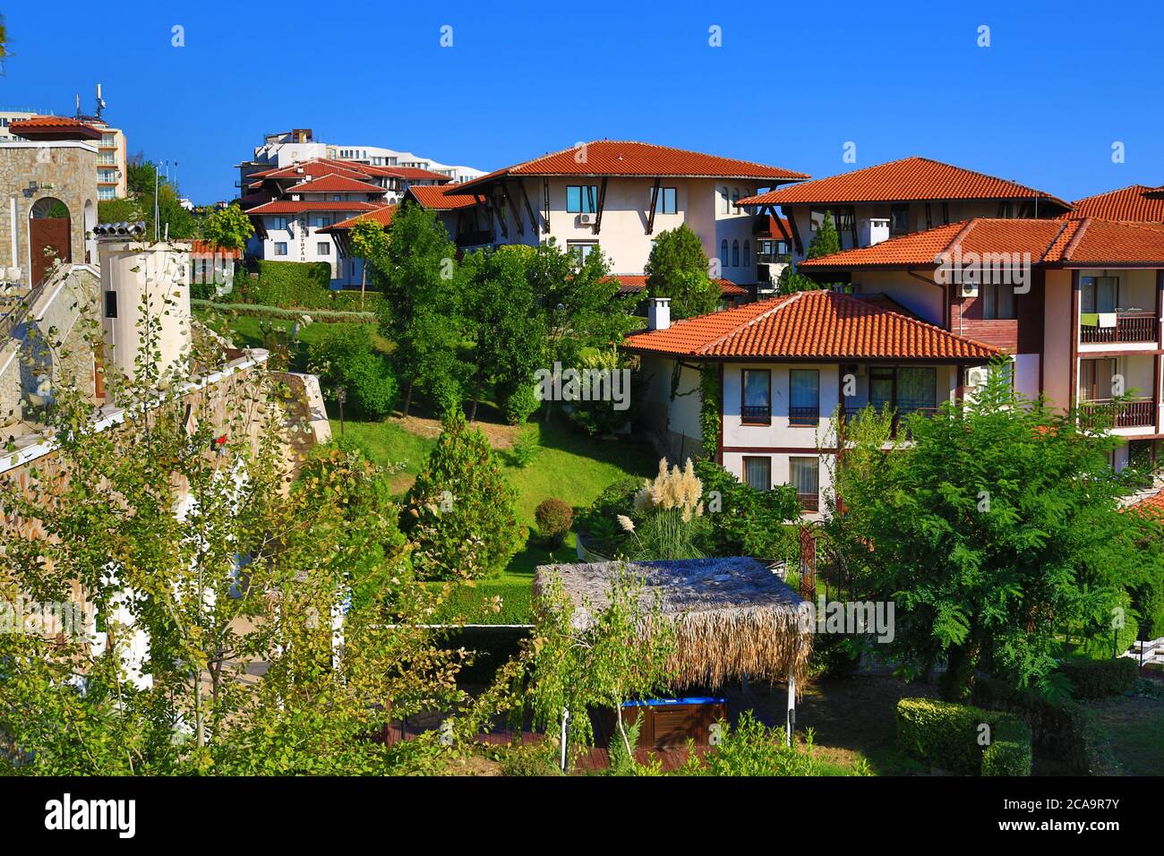 Sveti Vlas,Bulgaria/September 6th 2019:Street view of Sveti Vlas-seaside resort on the Black Sea coast of Bulgaria, located in Nesebar municipality, Stock Photo
