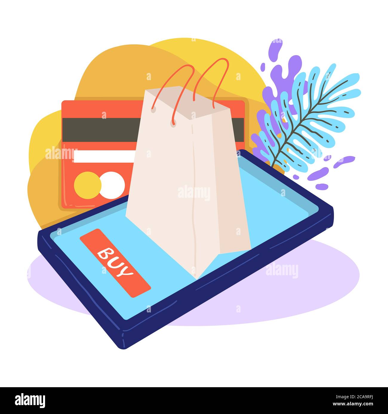 Online shopping via smartphone, using credit card vector Stock Vector