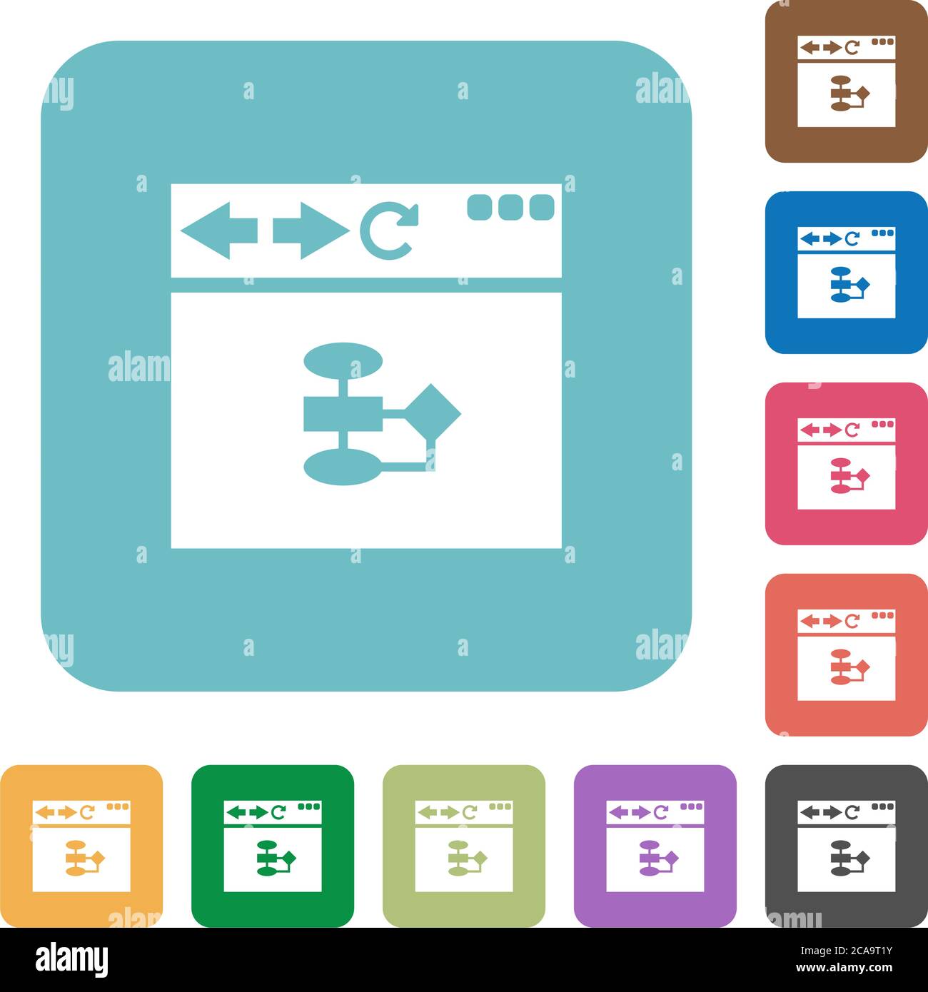Browser flow chart white flat icons on color rounded square backgrounds Stock Vector