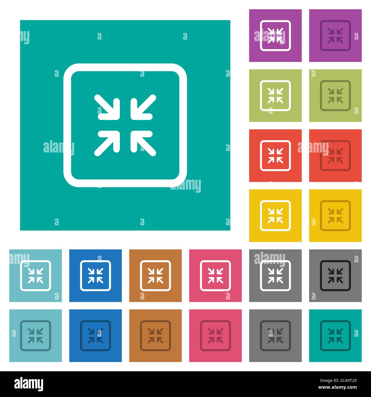Shrink object multi colored flat icons on plain square backgrounds. Included white and darker icon variations for hover or active effects. Stock Vector