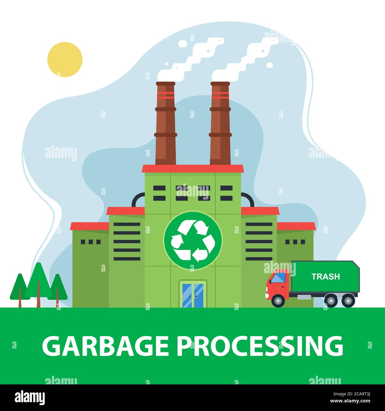 garbage processing plant with a pipe. truck waste delivery. flat vector
