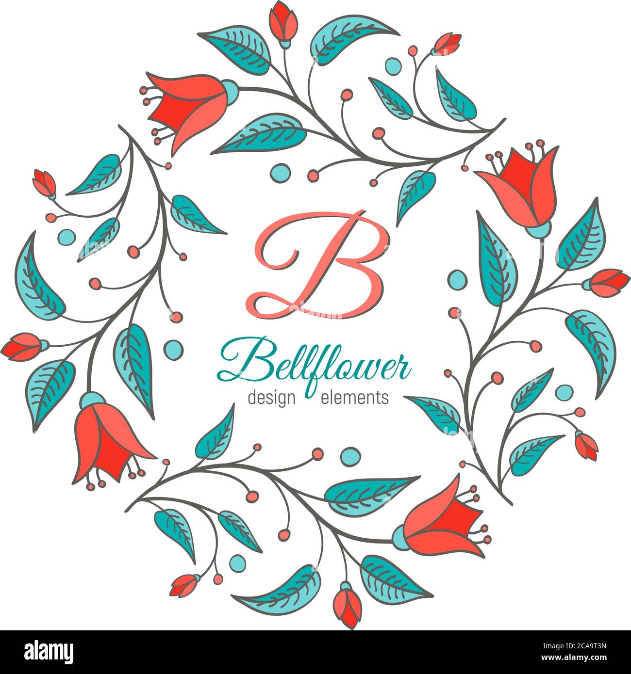 Bellflower design element. Floral wreath frame. Monogram letter B