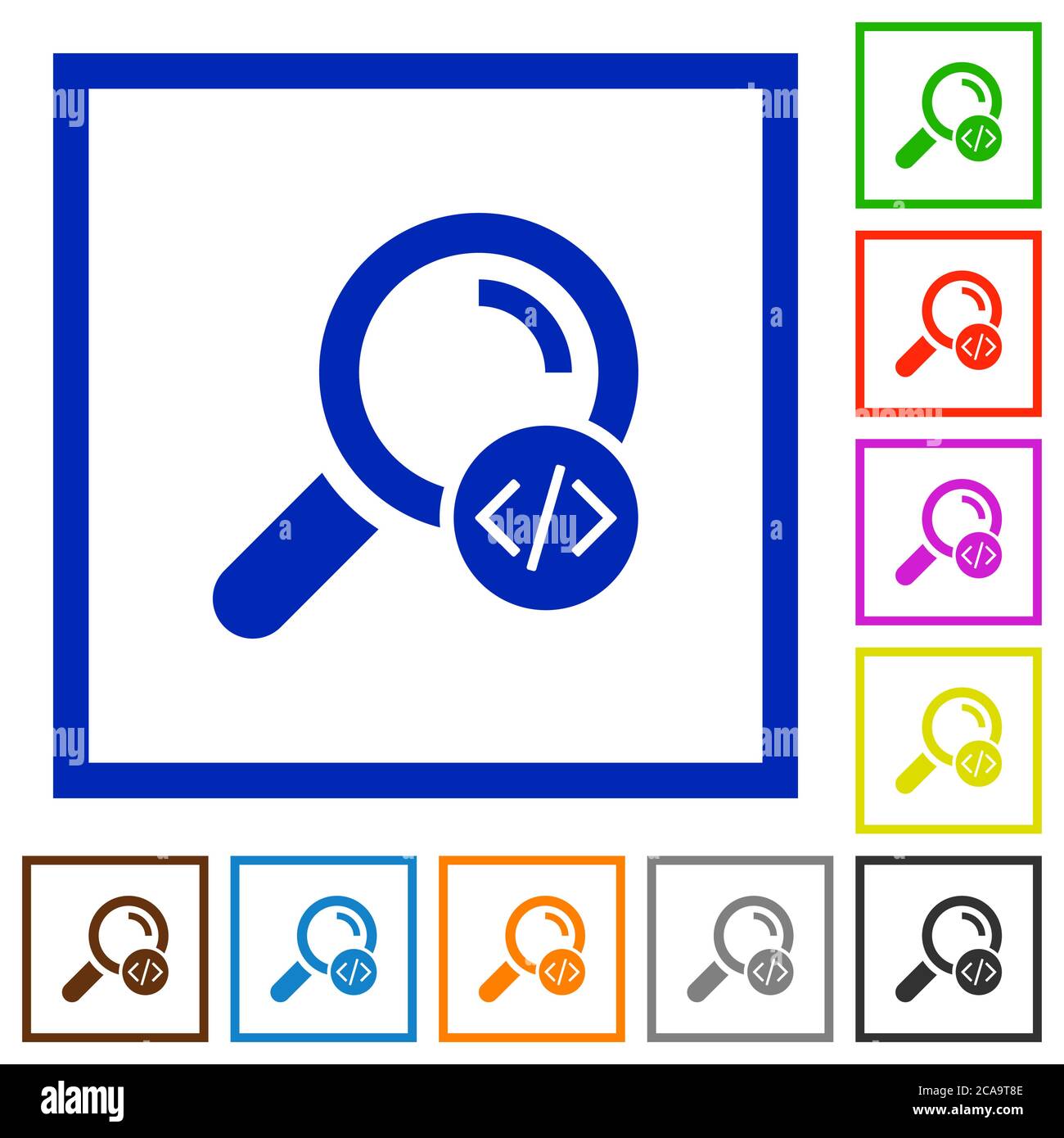 Search programming code flat color icons in square frames on white background Stock Vector
