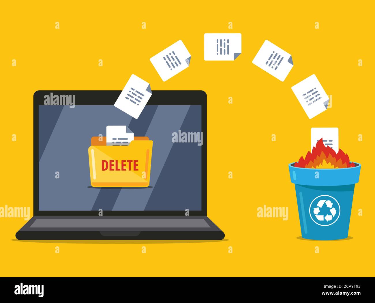 permanently deleting documents from the laptop to the trash. data burning. flat vector illustration. Stock Vector