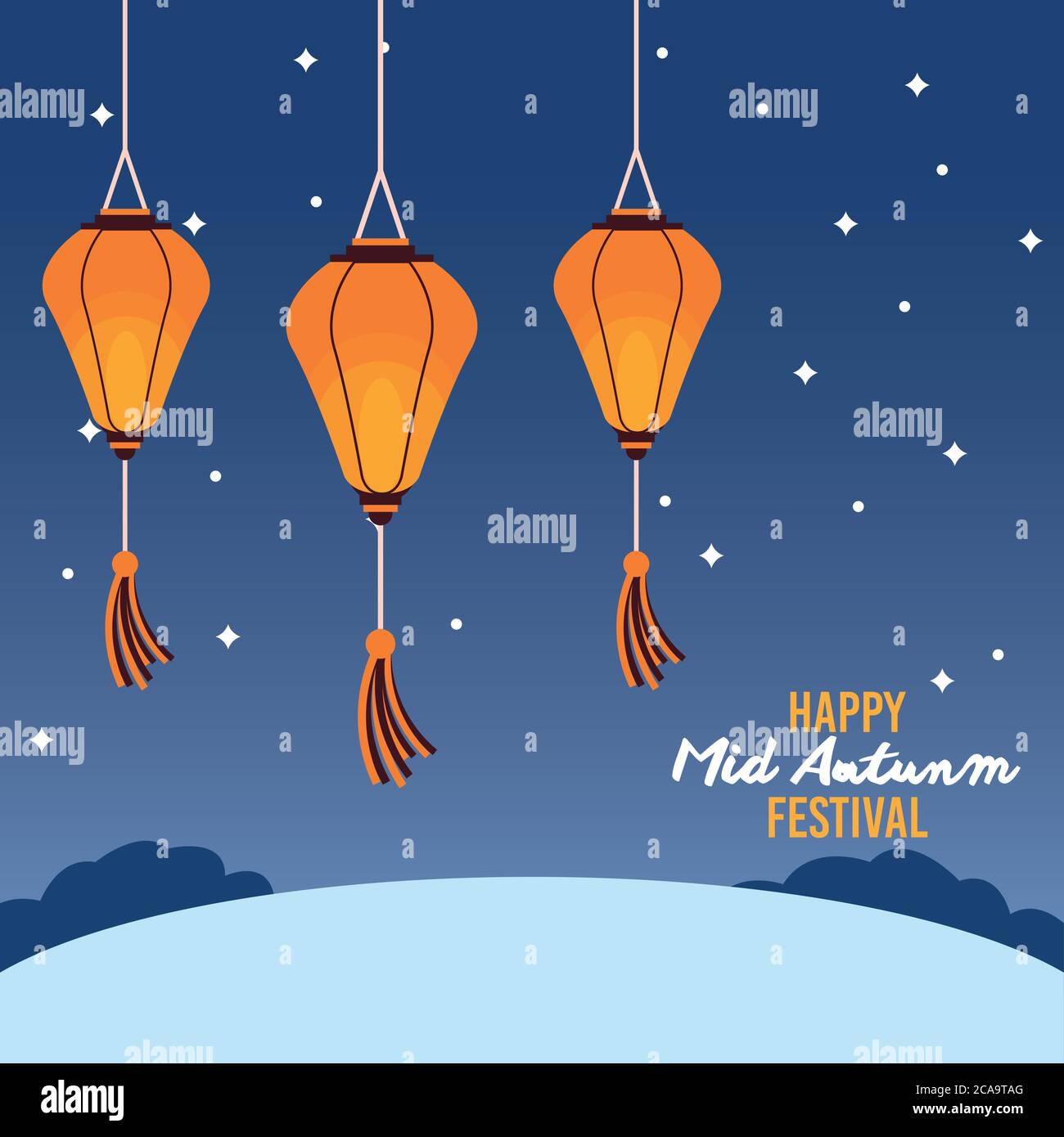 happy mid autumn festival with lanterns hanging at night vector ...