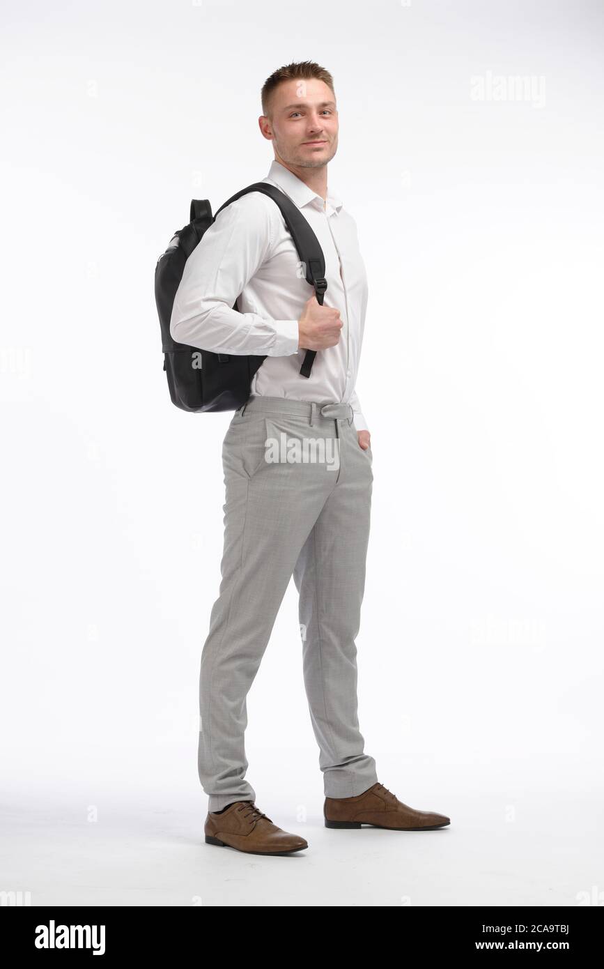Young urban professional whit male going to work. People against a white background doing daily life stuff. Stock Photo