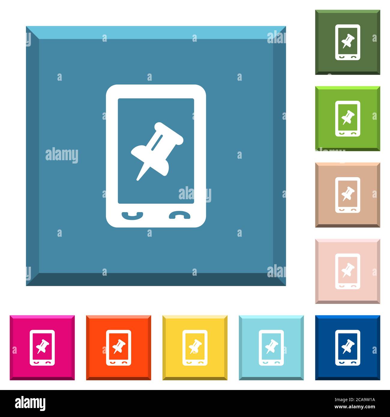 Mobile pin data white icons on edged square buttons in various trendy ...