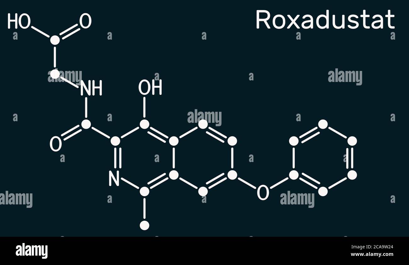 Roxadustat molecule. It is prolyl hydroxylase inhibitor, stimulates production of hemoglobin and red blood cells. Skeletal chemical formula on the dar Stock Photo