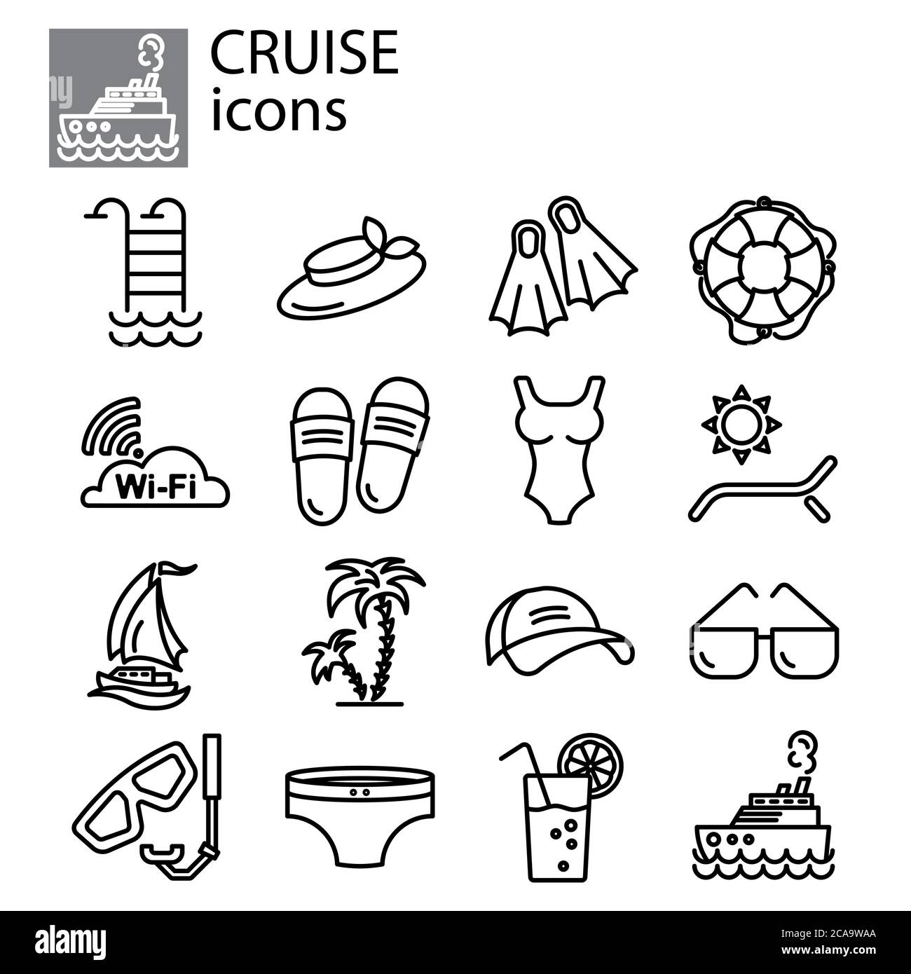 cruise, vacation linear vector icon set. vacation, summer line thin sign set. travel, tour outline symbol set. logo black on white background sea trip Stock Vector