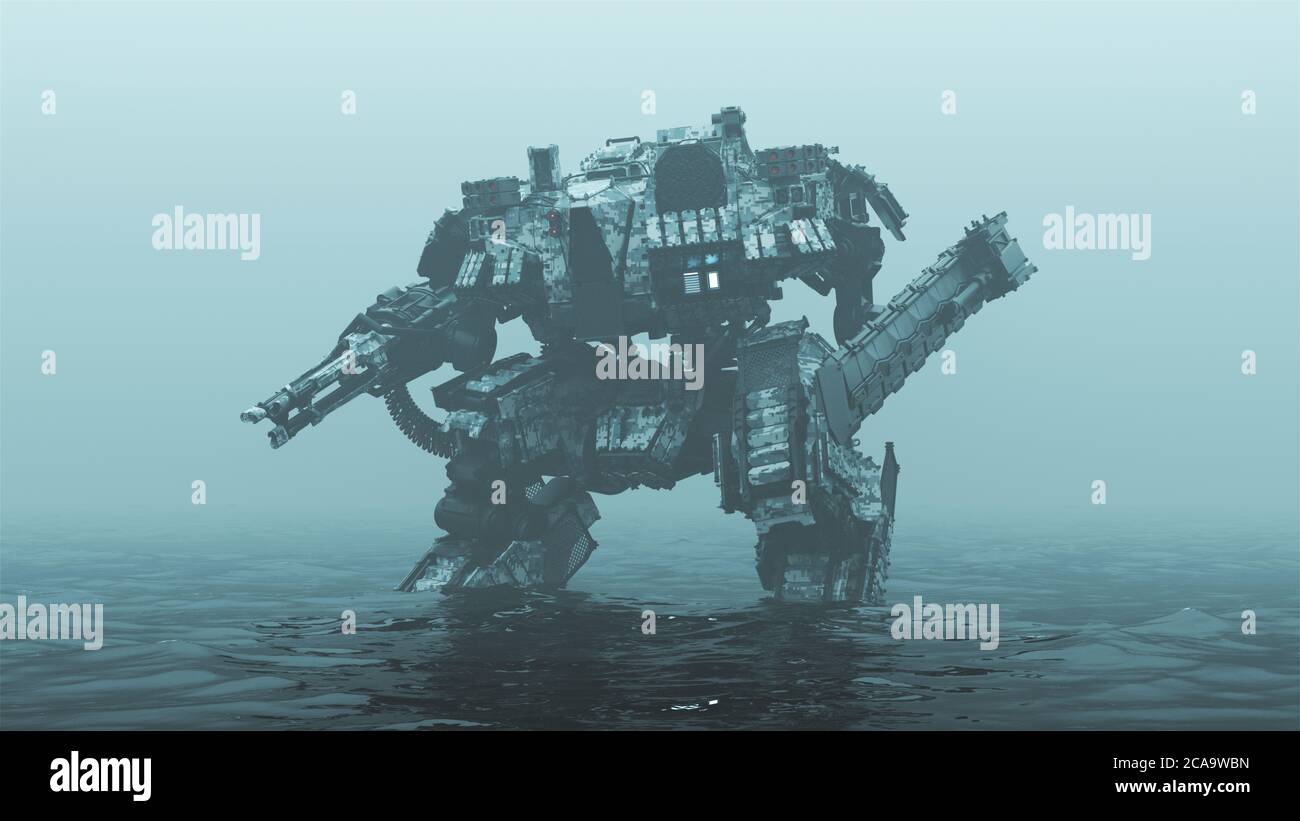 Futuristic AI Battle Droid Cyborg Mech with Glowing Lens Standing in Water in a Foggy Overcast Environment 3d illustration 3d render Stock Photo