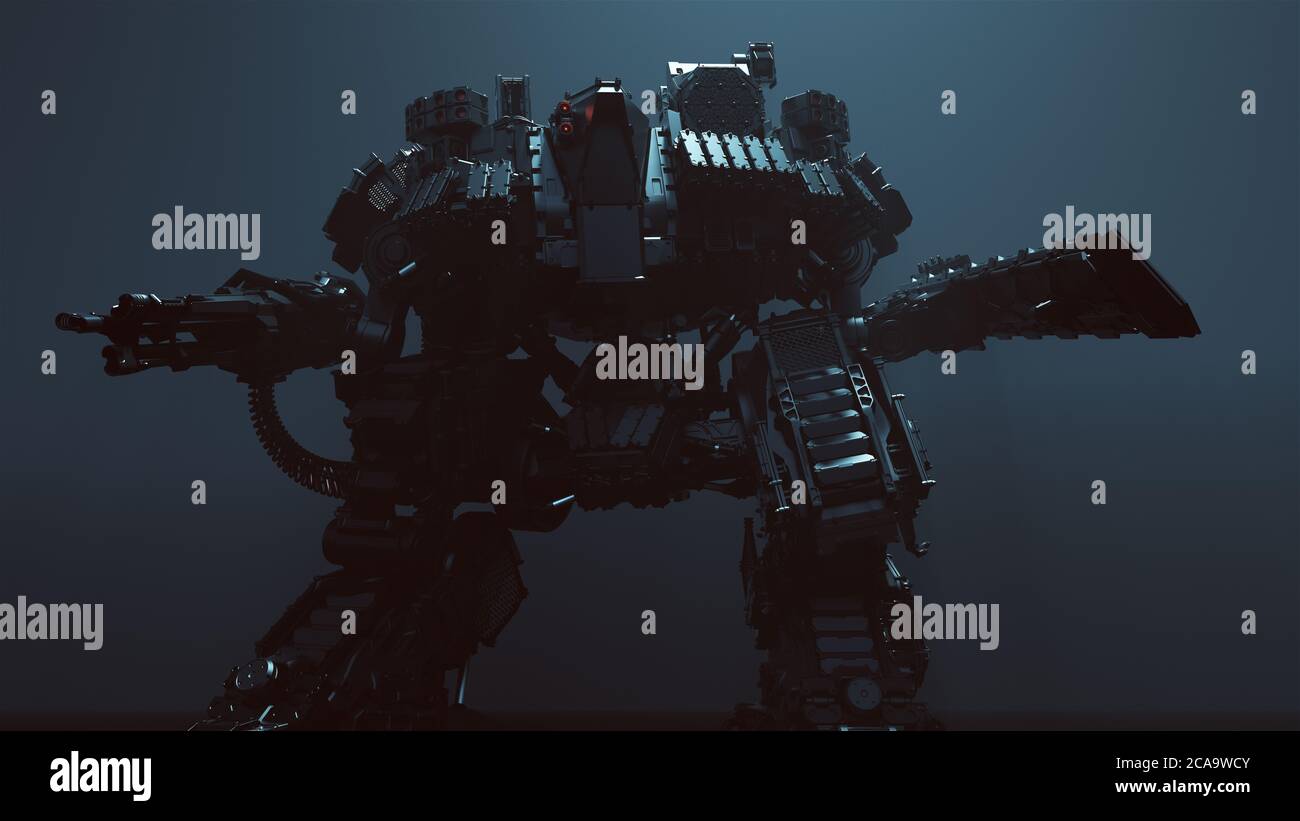 Futuristic AI Battle Droid Cyborg Mech with Glowing Lens 3d illustration 3d render Stock Photo