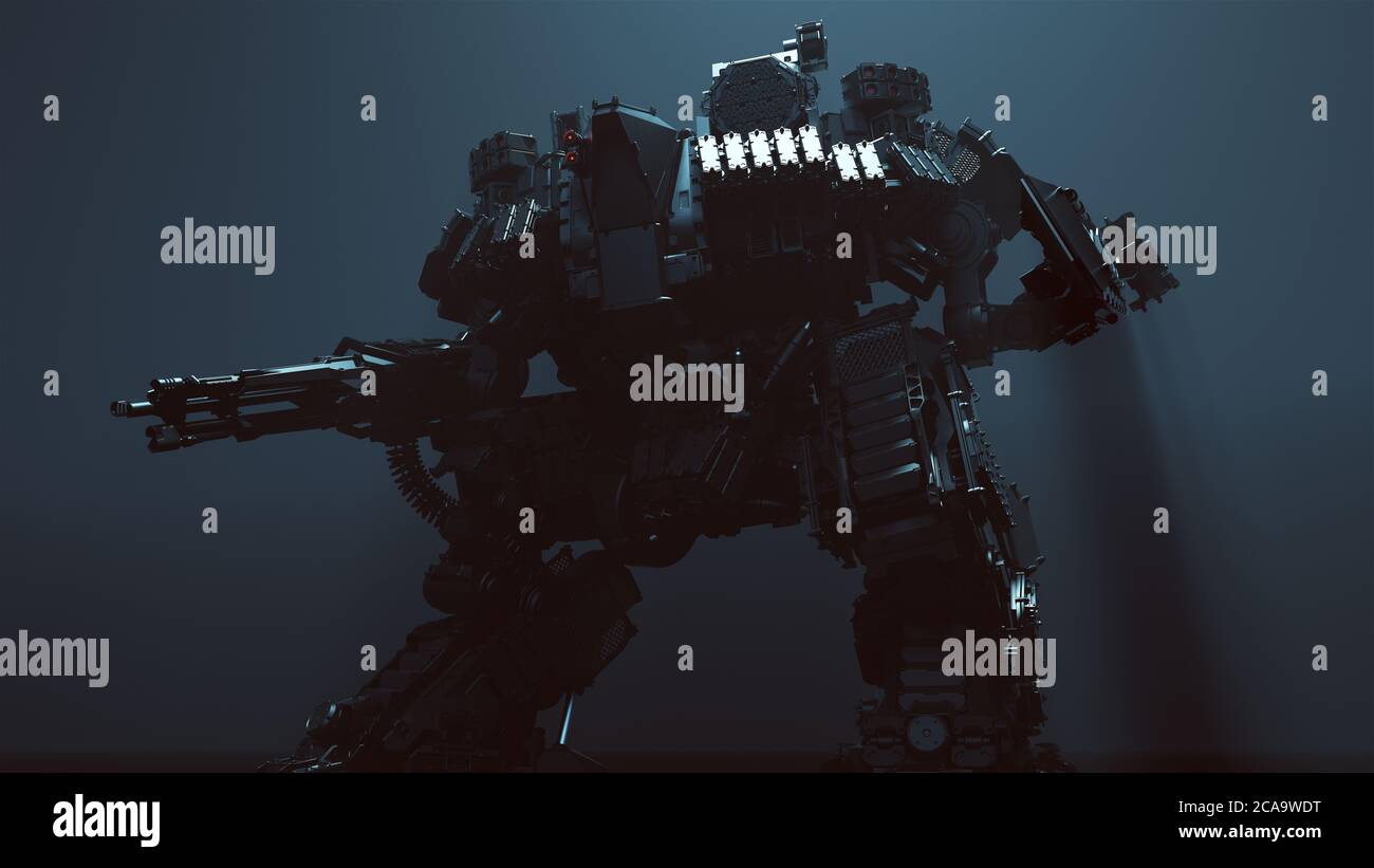 Futuristic AI Battle Droid Cyborg Mech with Glowing Lens 3d illustration 3d render Stock Photo