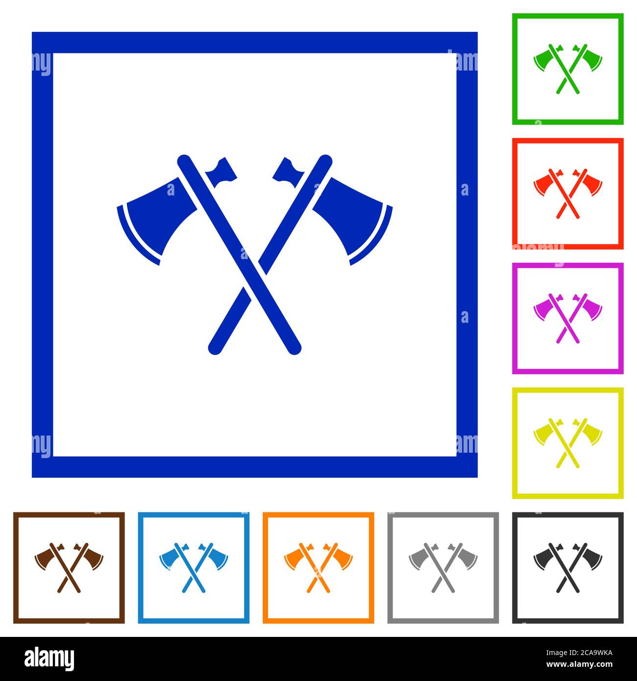 Two tomahawks flat color icons in square frames on white background Stock Vector
