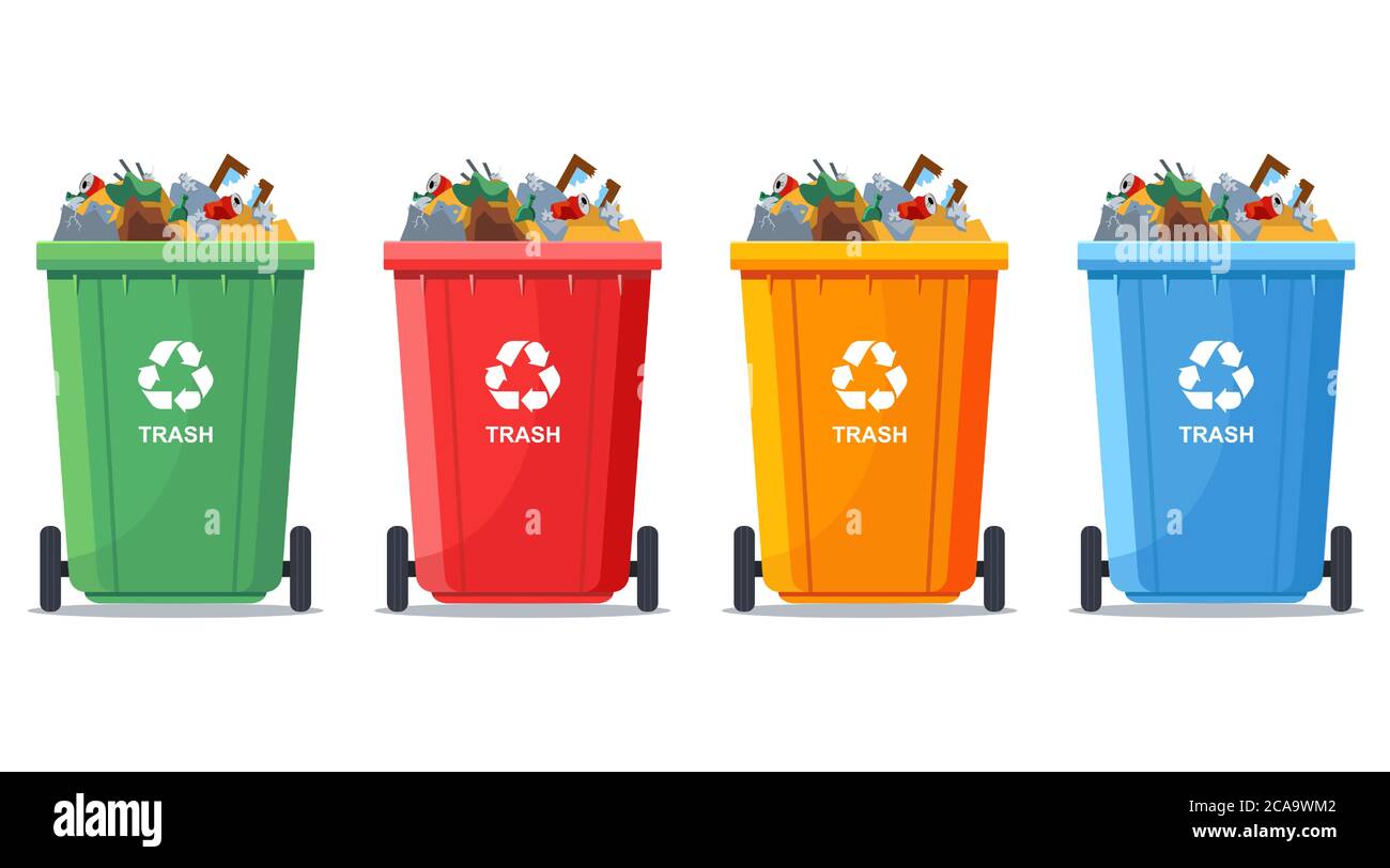 Multicolored trash cans are full. Flat vector illustration Stock