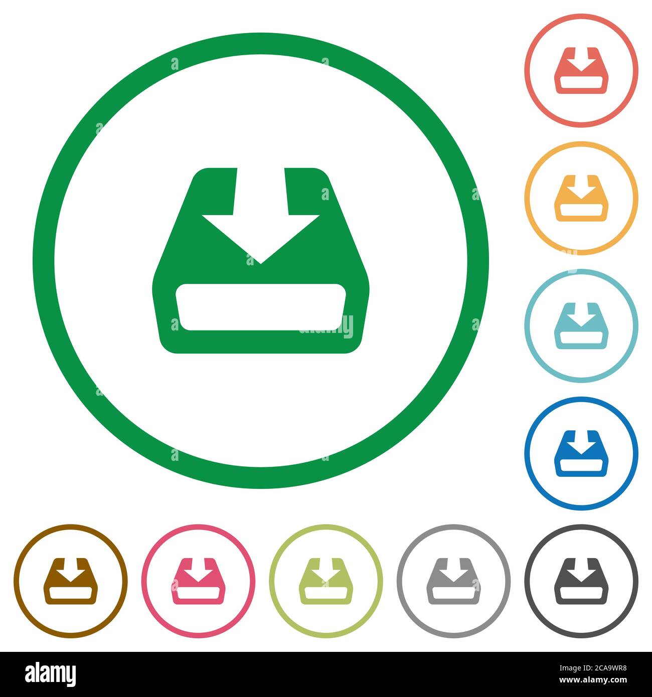 Install to hard drive flat color icons in round outlines on white ...