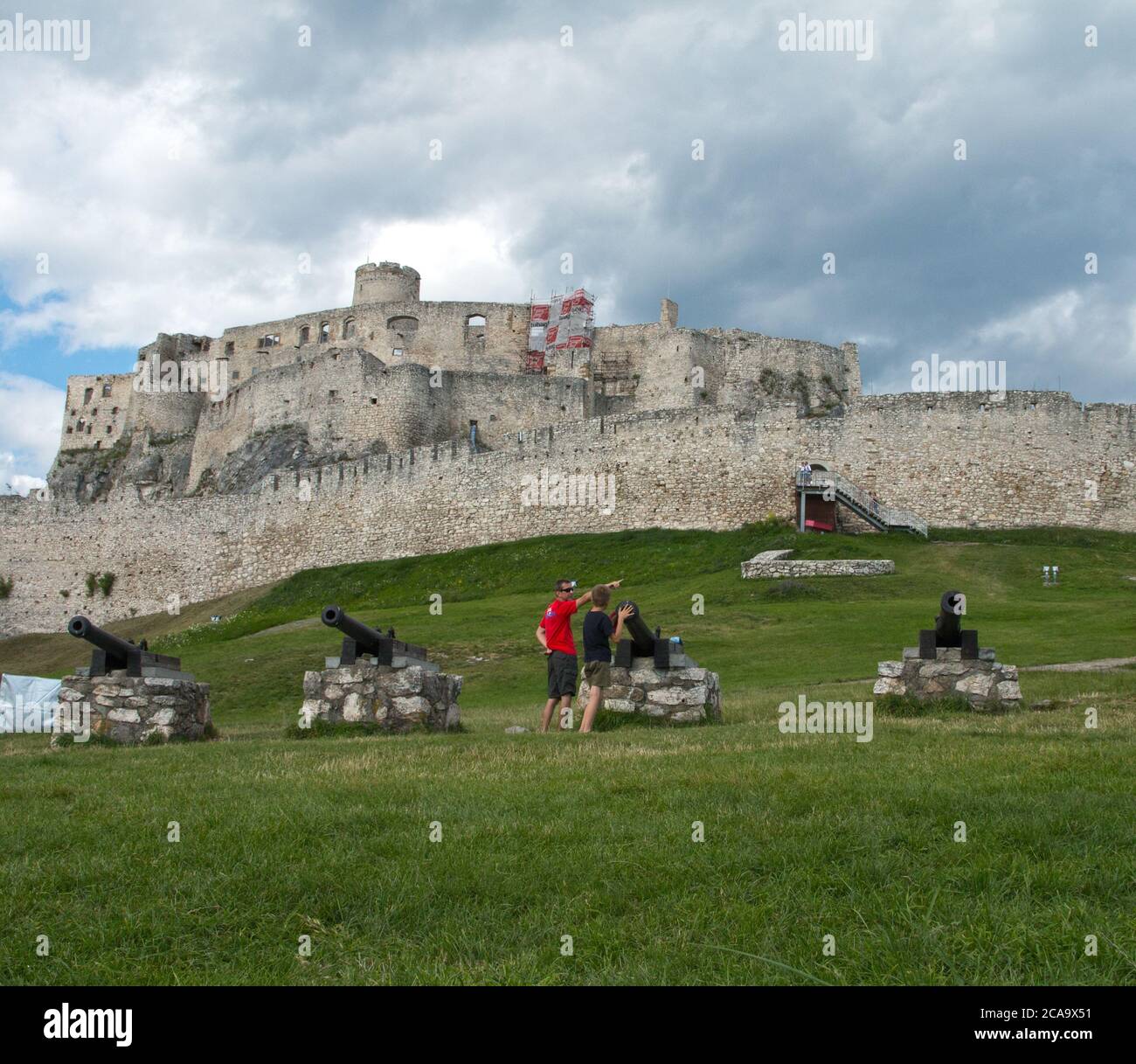 Spišské Podhradie Slovakia July 31, 2020 Cannons  in the Middle Ages at the Spissky hrad Szepes vár. It is a popular place for family excursions. Stock Photo