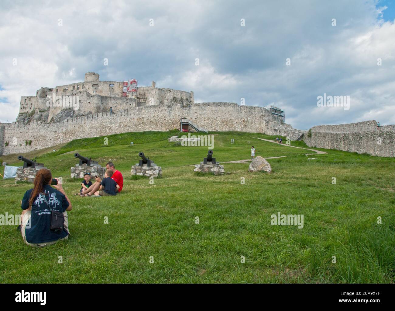 Spišské Podhradie Slovakia July 31, 2020 A row of cannons  in the Middle Ages at the Spissky hrad Szepes vár. A popular place for family excursions. Stock Photo