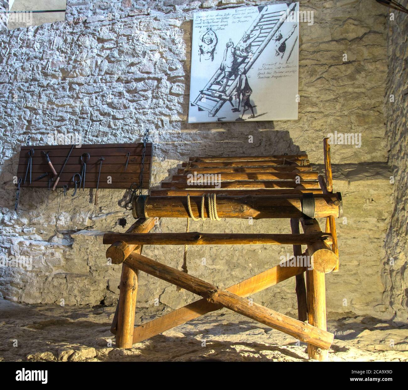 Spišské Podhradie Slovakia July 31, 2020 Stretching rack device with handling manual picture in the torture chamber of the Spissky hrad, Szepes vár. Stock Photo