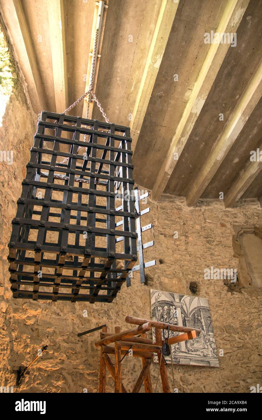 Spišské Podhradie Slovakia July 31, 2020 Iron hanging torture cage. Medieval device in the prison chamber of the Spissky hrad, Szepes vár. Stock Photo