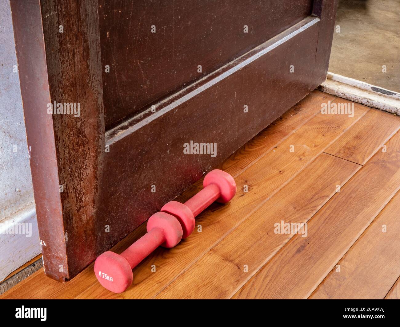 A pair of small, pink dumbbells, being used as door stops at the bottom