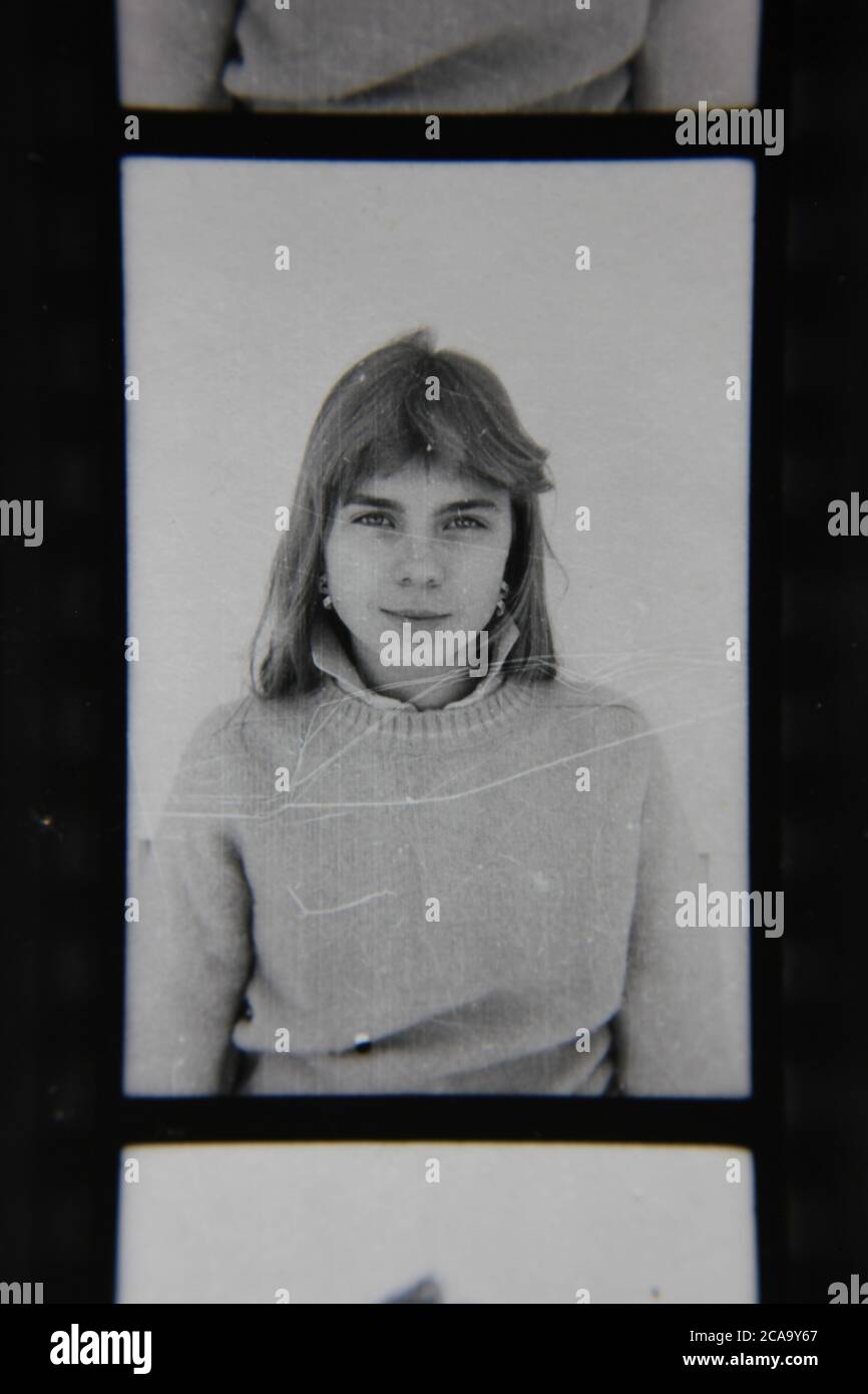 Fine 1970s black and white vintage photography of a teenager in an identification passport photo. Stock Photo