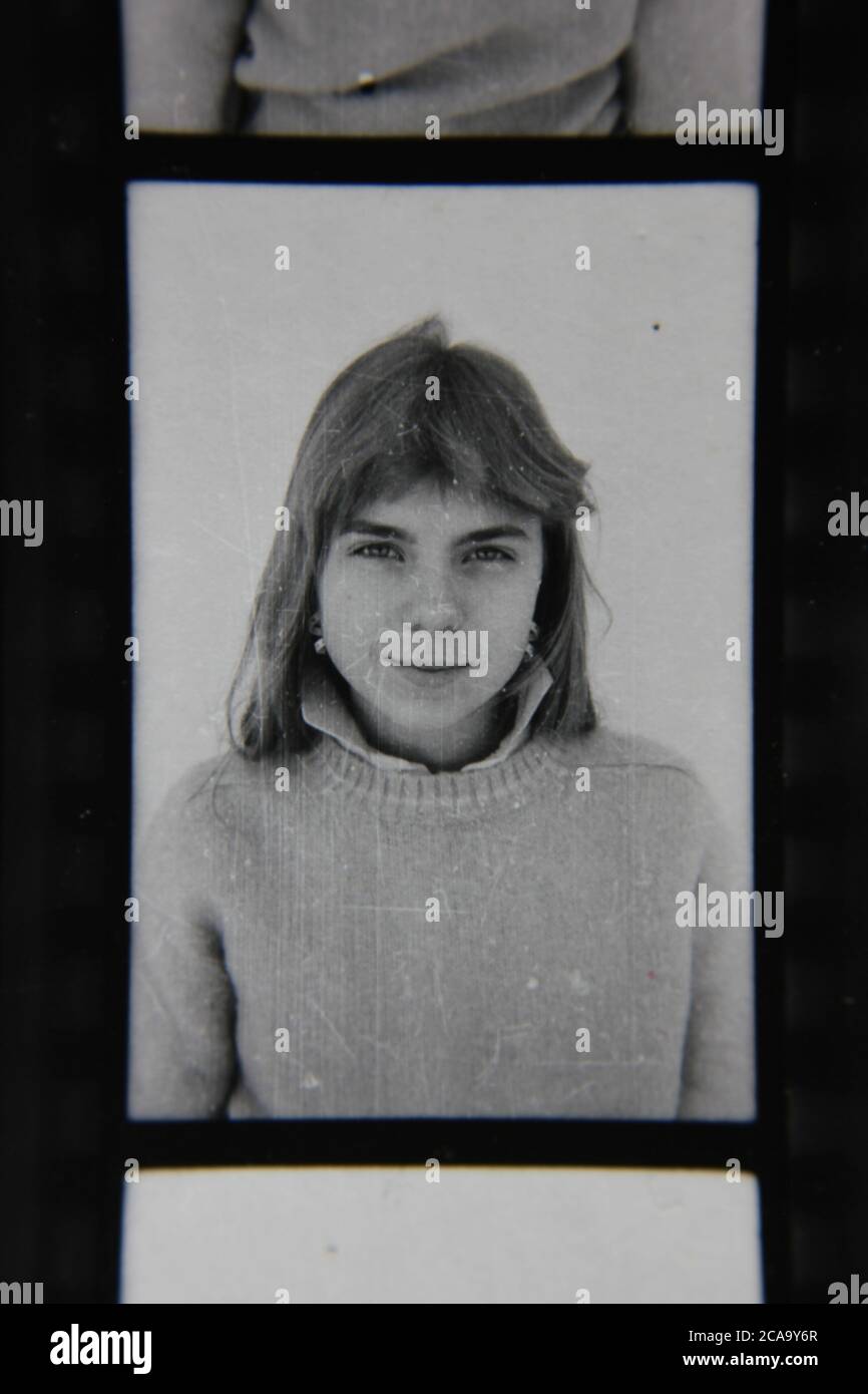 Fine 1970s black and white vintage photography of a teenager in an identification passport photo. Stock Photo