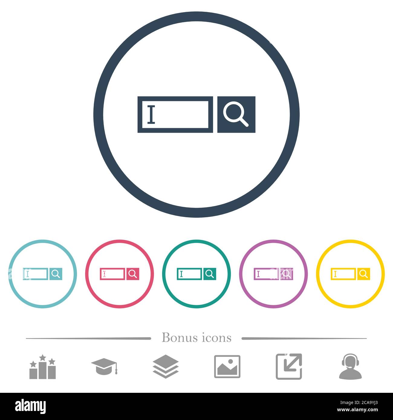 Search box with cursor flat color icons in round outlines. 6 bonus ...