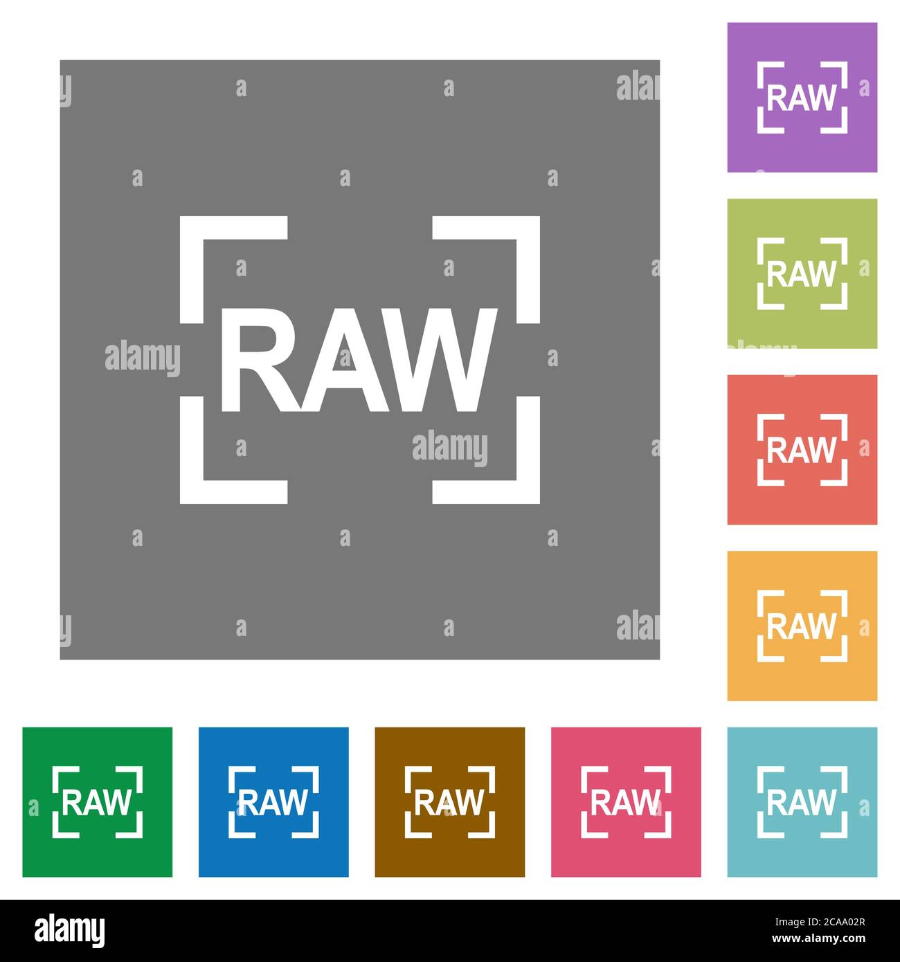 Camera raw image mode flat icons on simple color square backgrounds Stock Vector
