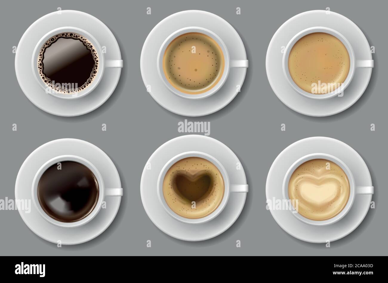 Coffee mug top view collection isolated. Black coffee, cappuccino