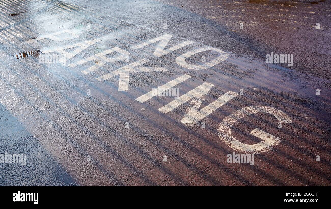 Sun shines on NO PARKING writing on wet asphalt, near fence casting shadow lines Stock Photo