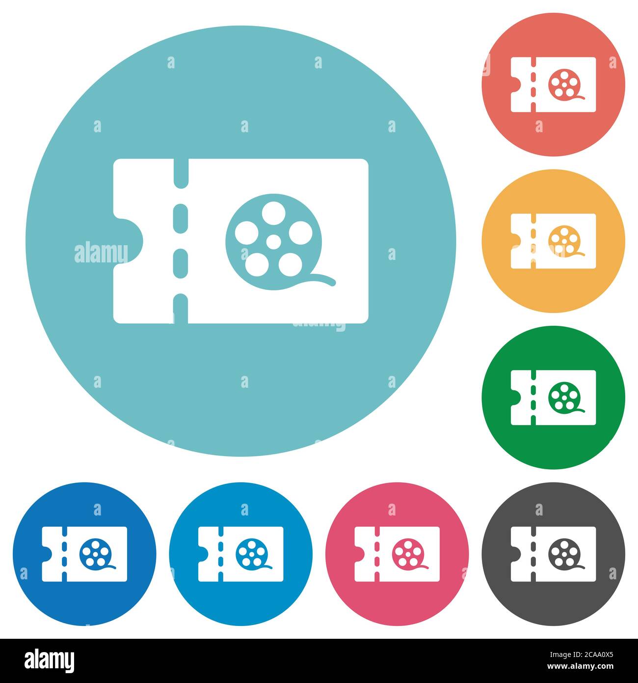 Movie discount coupon flat white icons on round color backgrounds Stock ...