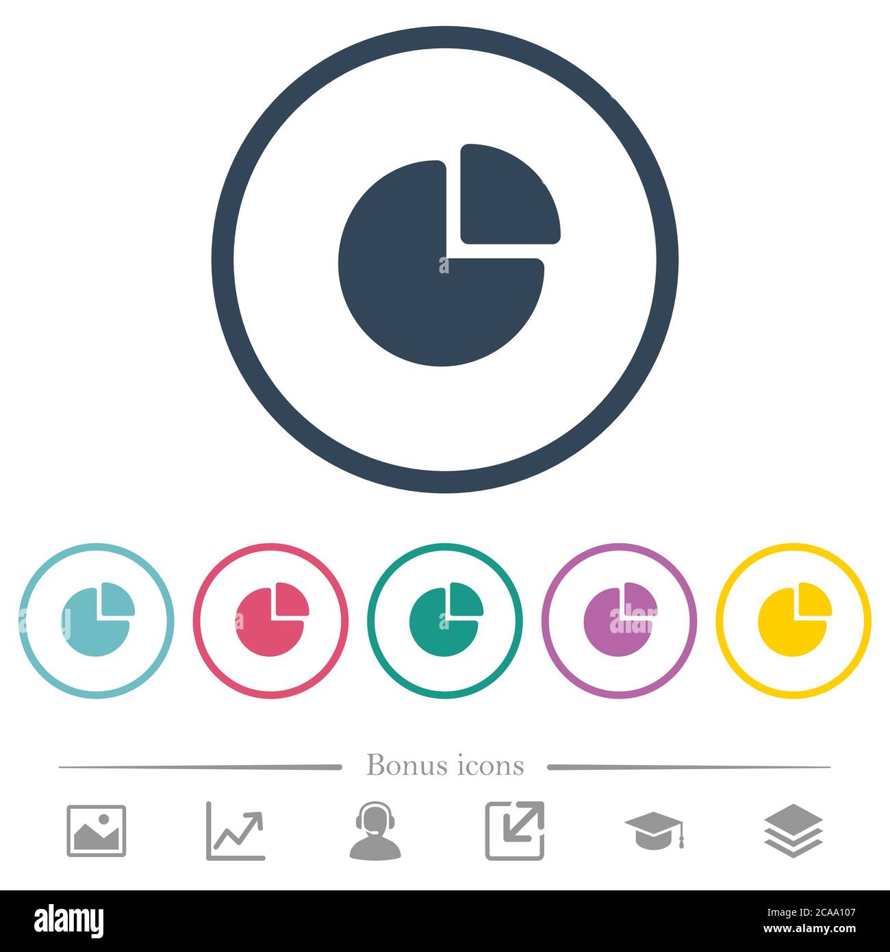 Pie chart flat color icons in round outlines. 6 bonus icons included ...
