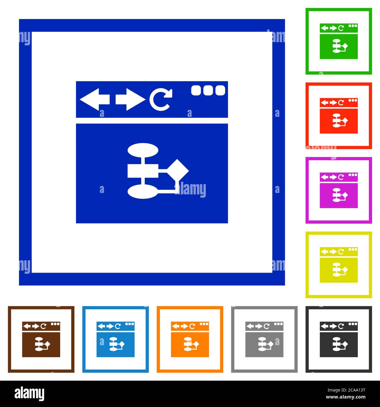 Browser flow chart flat color icons in square frames on white background Stock Vector