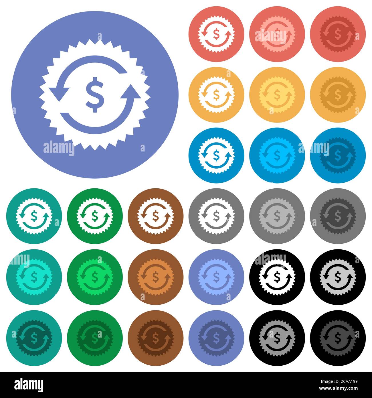 Dollar pay back guarantee sticker multi colored flat icons on round ...