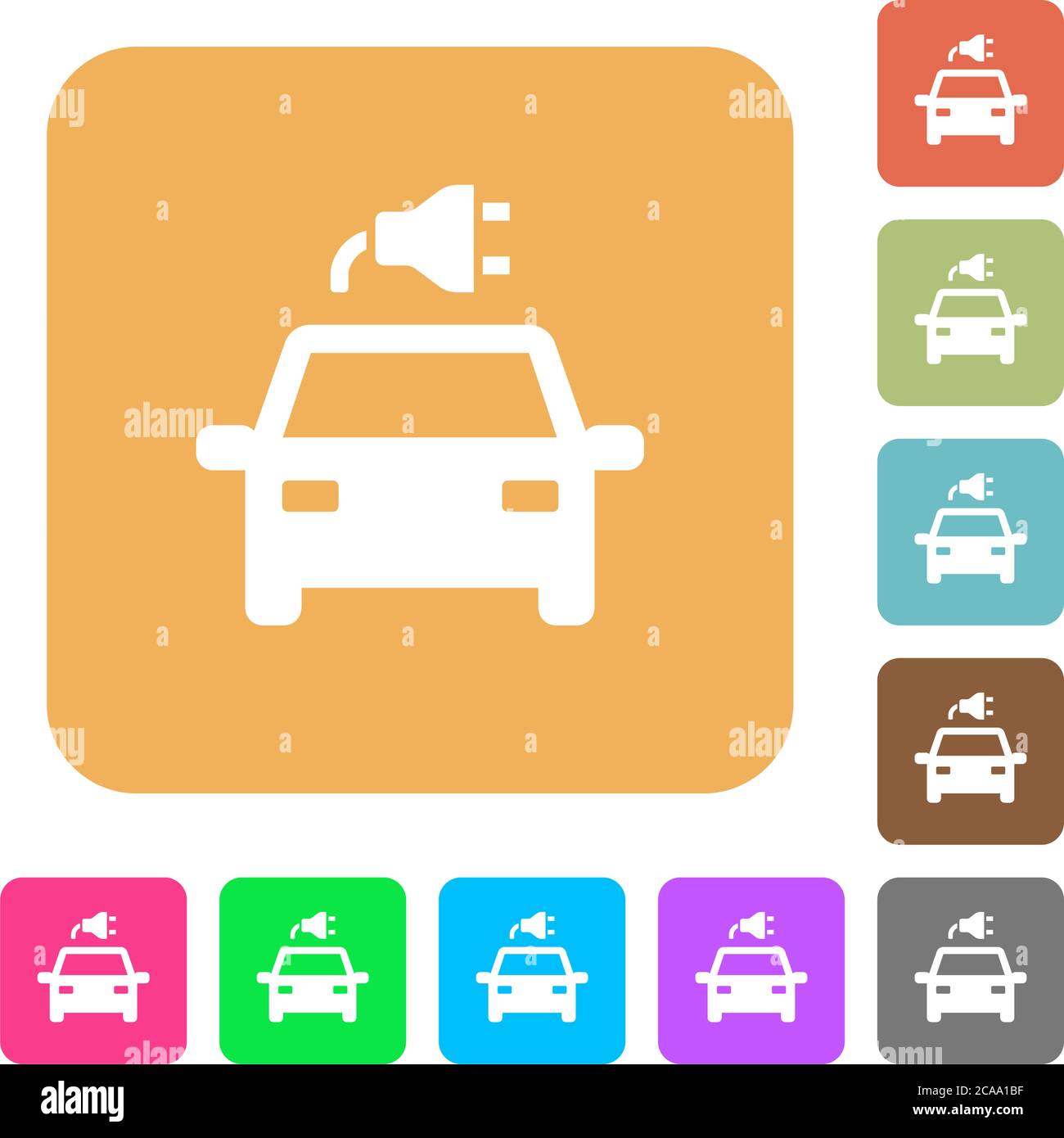 Electric car with connector flat icons on rounded square vivid color backgrounds. Stock Vector
