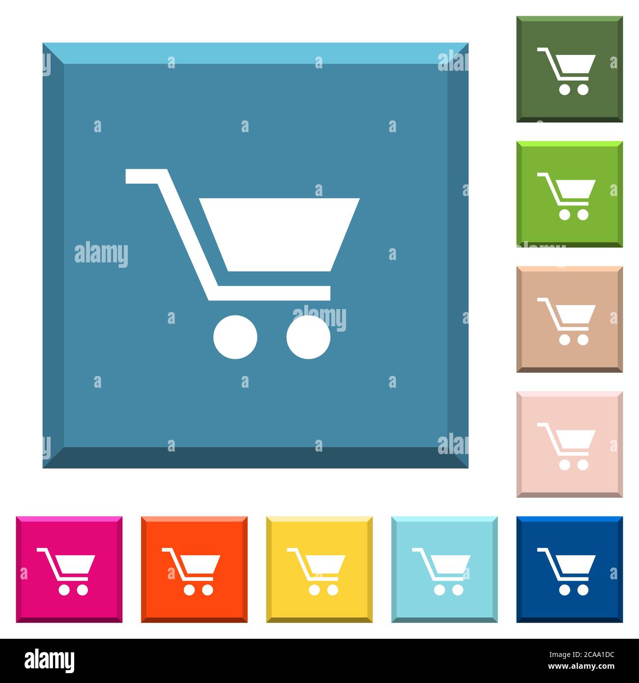 Empty shopping cart white icons on edged square buttons in various ...