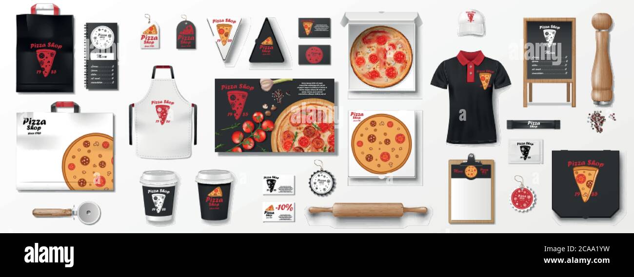 Mockup set for pizzeria, cafe or restaurant. Realistic branding set of pizza box, flyer, uniform, menu, cardboard pack. Pizza mockup elements for Stock Vector