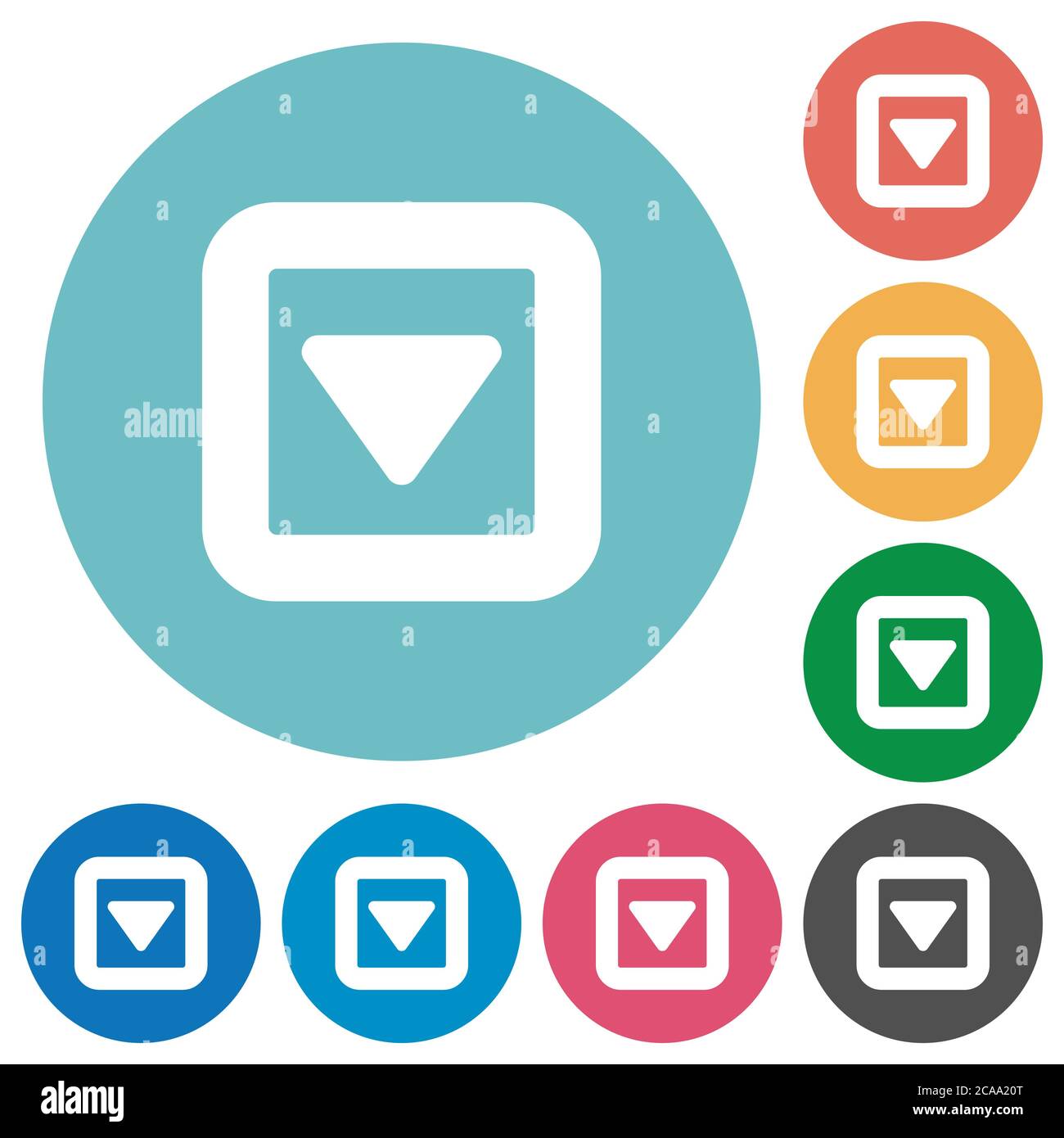 Toggle down flat white icons on round color backgrounds Stock Vector