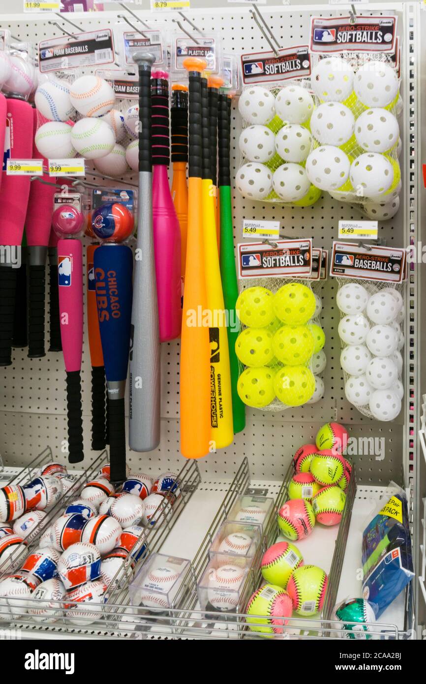 American sports equipment for sale in a supermarket. Stock Photo