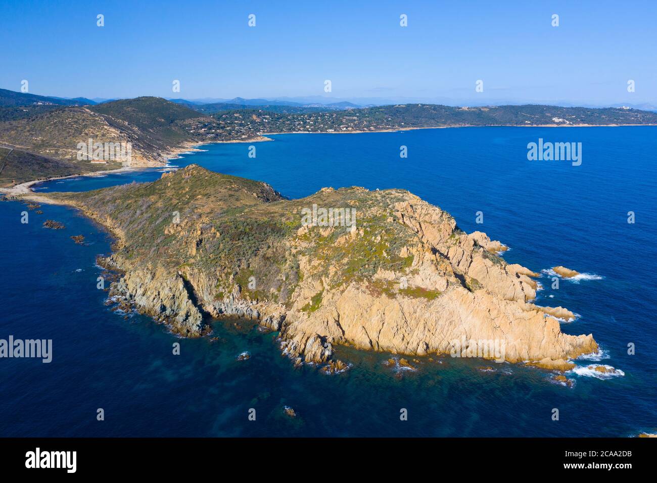 France, aerial view of Cap Camarat, l'Escalet located in peninsula of Saint Tropez, Stock Photo