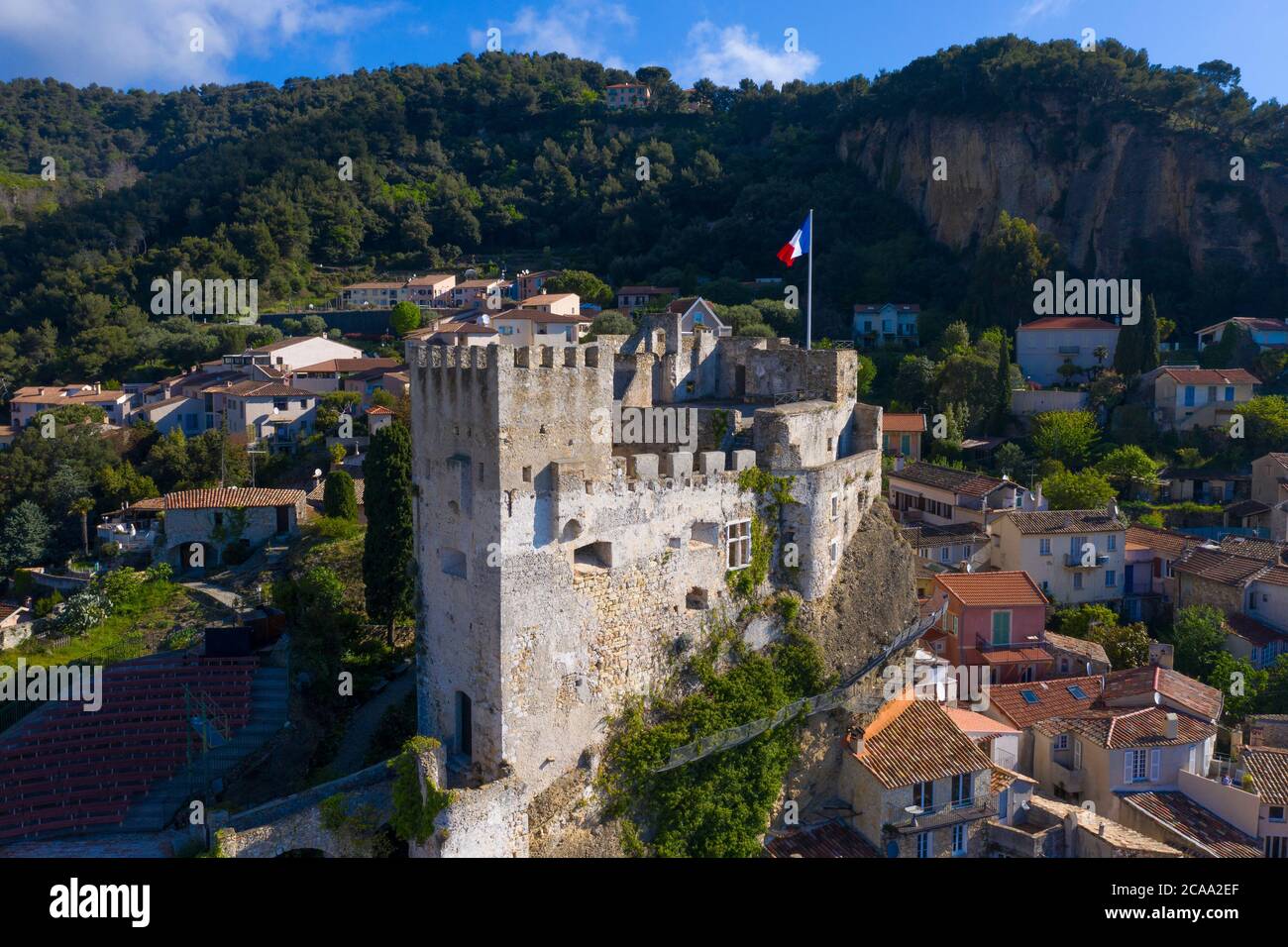 France, Nice, Aerial view of the hilltop village of Roquebrune Cap Martin. Stock Photo
