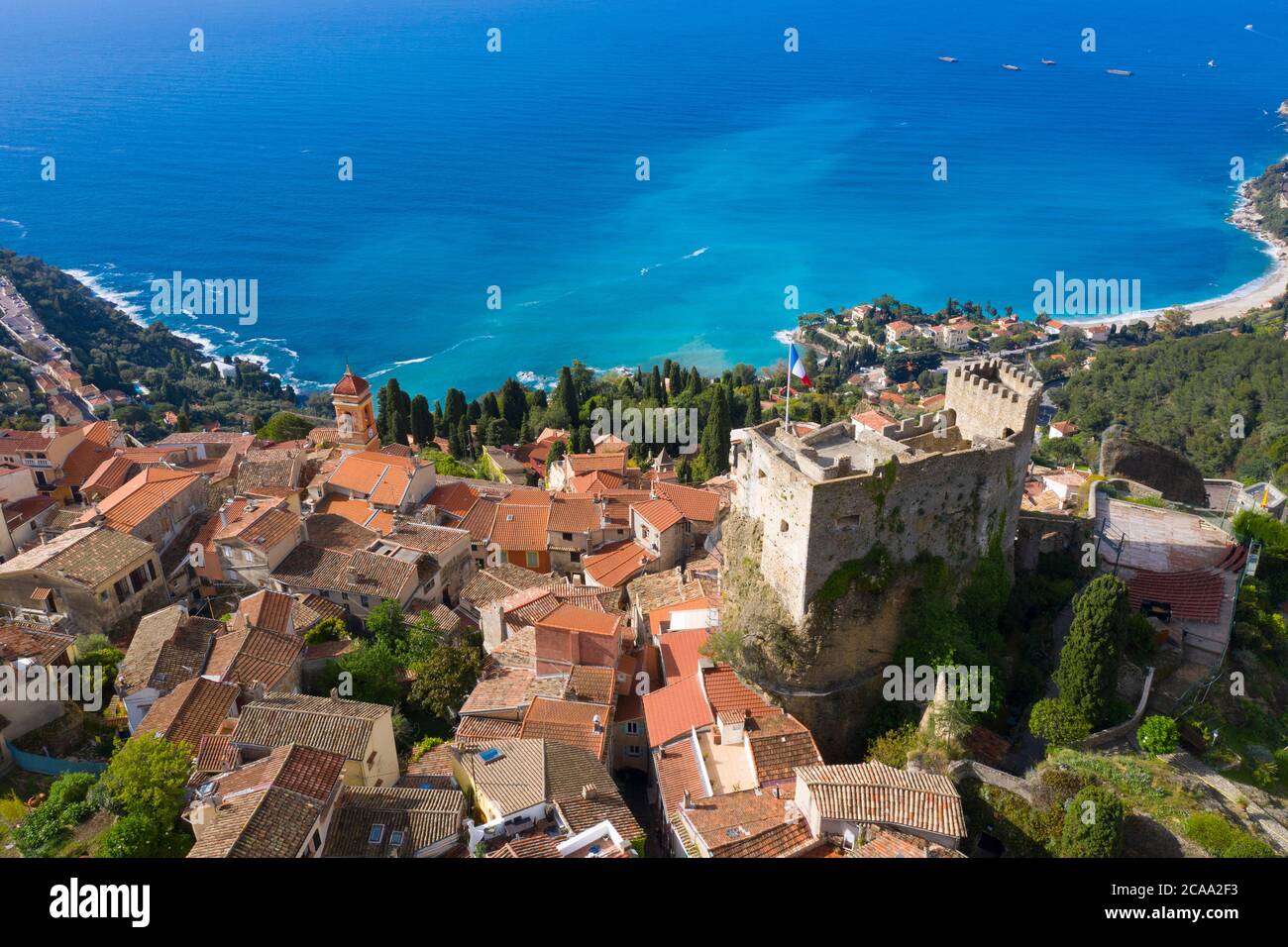 France, Nice, Aerial view of the hilltop village of Roquebrune Cap Martin. Stock Photo