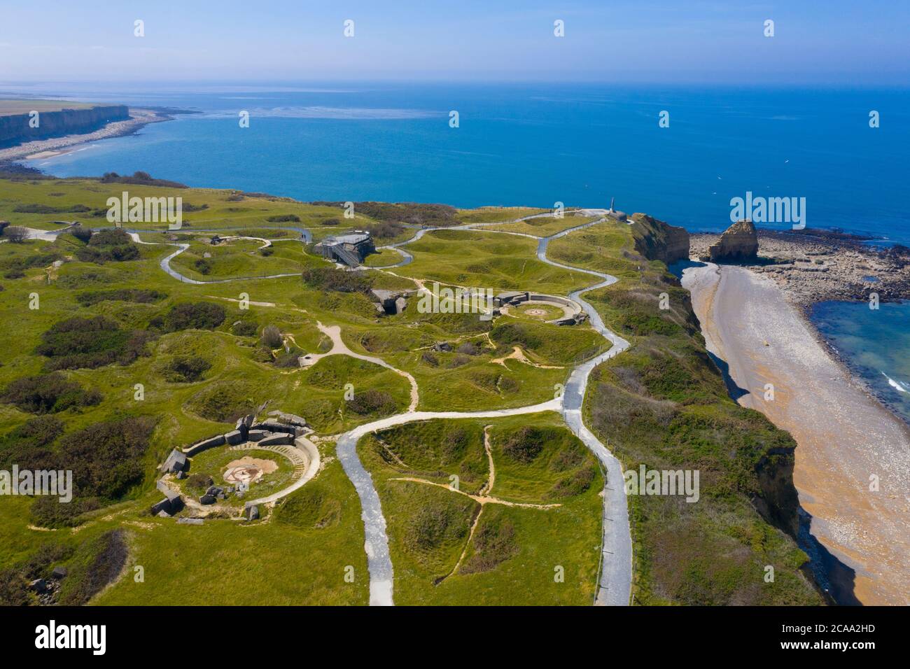Aerial view of Pointe du Hoc on the coast of Normandy. famous World War II site Stock Photo